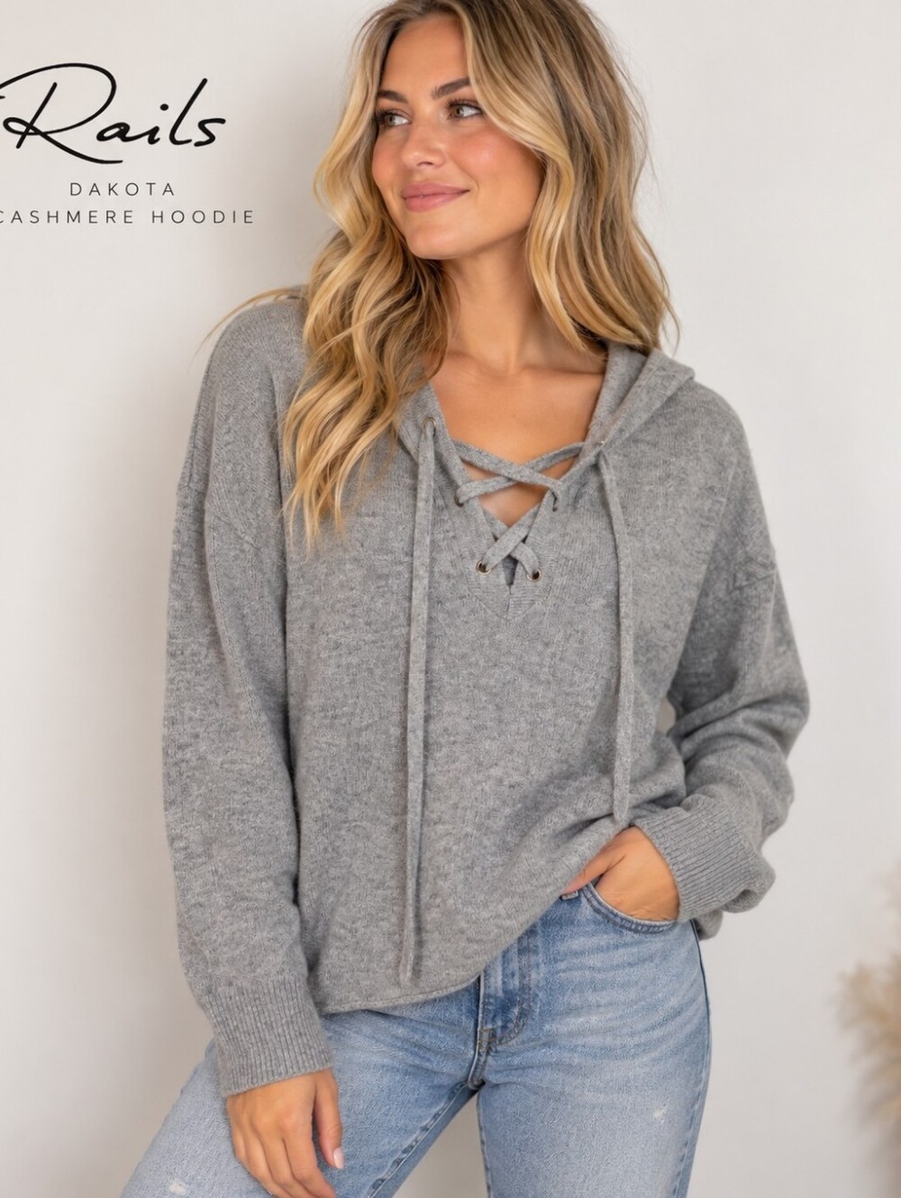 Rails Dakota 100% Cashmere Lace-Up Hoodie Sweater Heather Grey XS